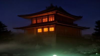 石家庄正定古城夜景，城墙灯光璀璨，彩花灯阵沿古街道铺开，游人如织